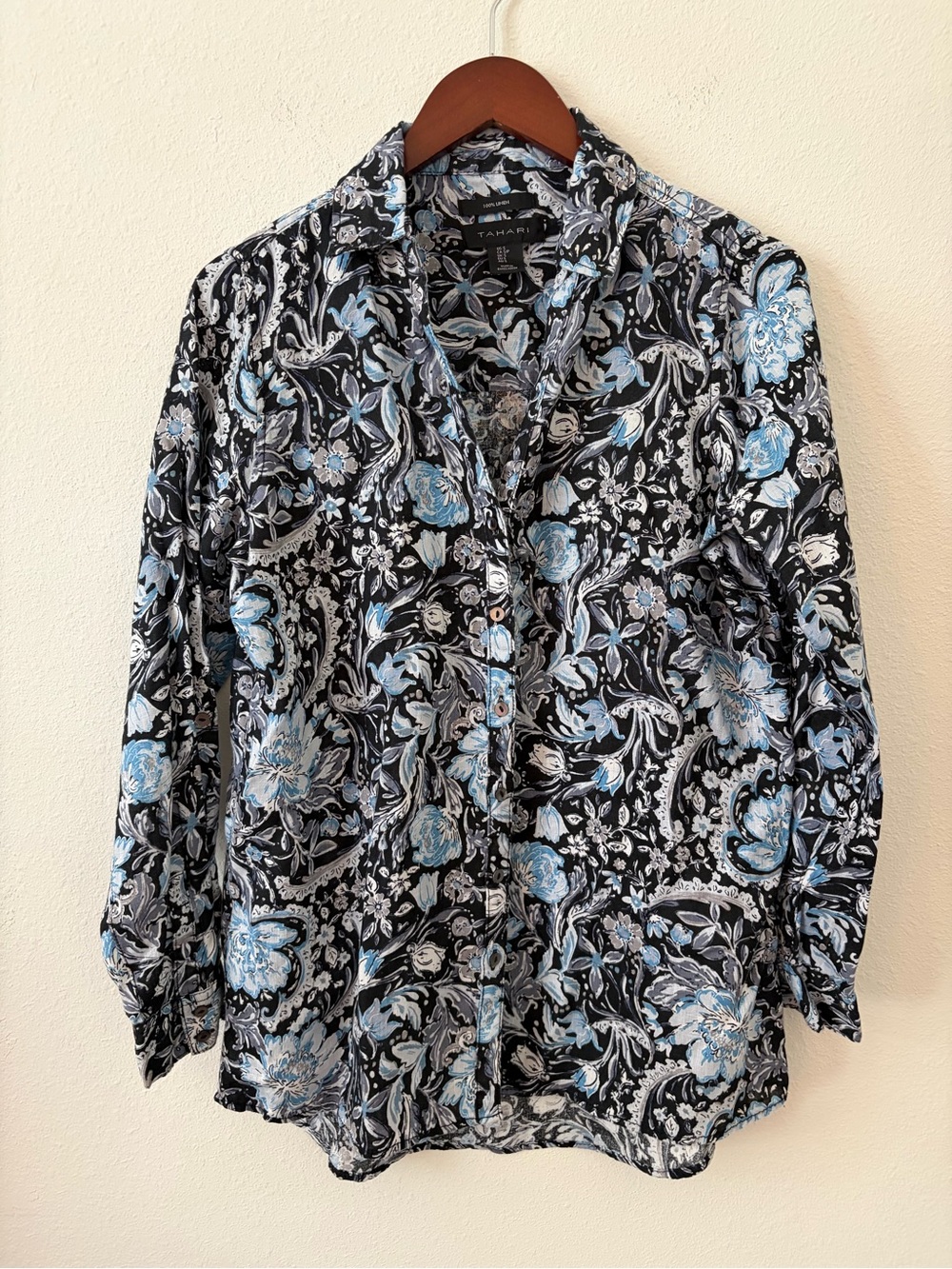Tahari Womens Small Black Blue Floral Paisley 100% Linen Button Down Shirt